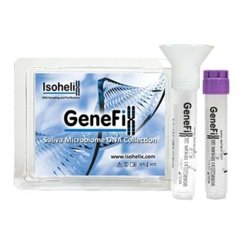 GeneFix microbiome saliva collection device with buffer-filled tube and funnel, optimized for oral microbiome DNA stabilization.