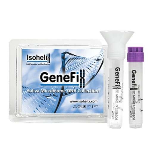 GeneFix microbiome saliva collection device with buffer-filled tube and funnel, optimized for oral microbiome DNA stabilization.