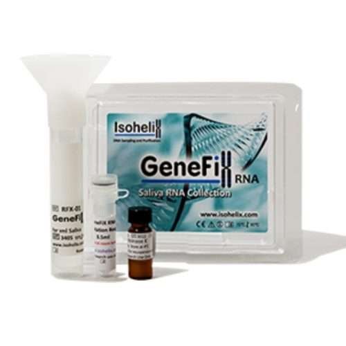 GeneFix RFX RNA saliva collection device with funnel and stabilization buffer, designed for room-temperature RNA preservation and transcriptomics.
