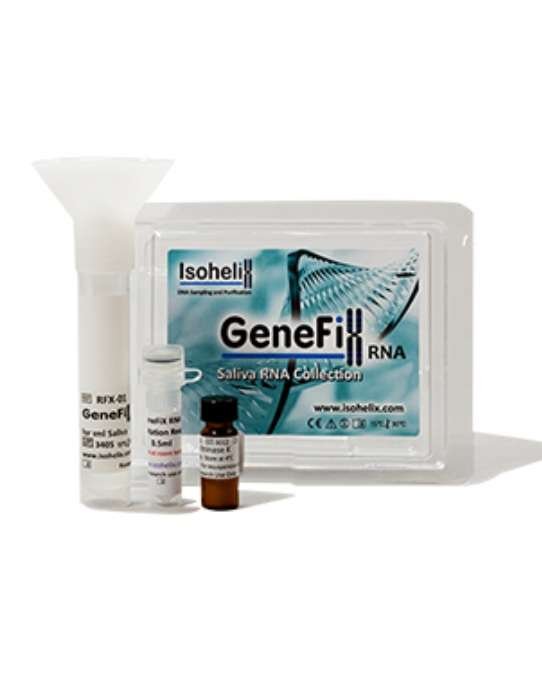 GeneFix RFX RNA saliva collection device with funnel and stabilization buffer, designed for room-temperature RNA preservation and transcriptomics.
