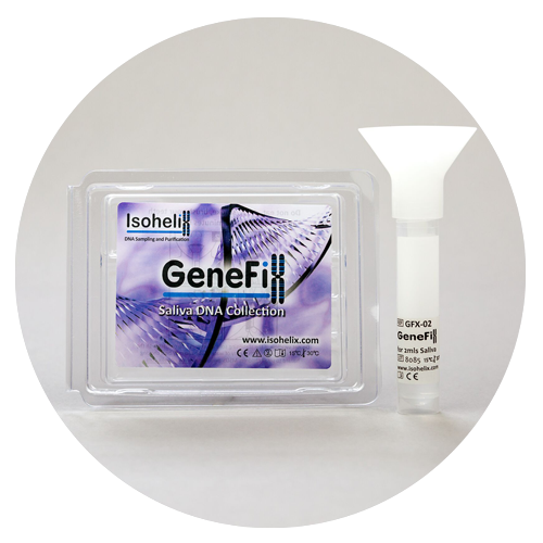 GeneFix saliva collection device with funnel and pre-filled DNA/RNA stabilization buffer for remote or clinical sampling