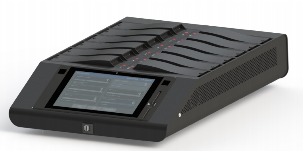 Genie HT isothermal instrument with 16-well layout and touch-screen interface, designed for high-throughput LAMP based testing