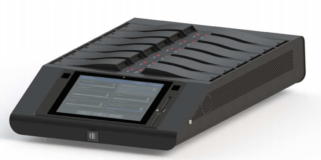 Genie HT isothermal instrument with 16-well layout and touch-screen interface, designed for high-throughput LAMP based testing
