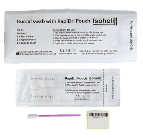 Isohelix RapiDri swab kit with buccal swab, drying pouch, and transport tube for DNA collection.