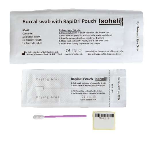 Isohelix RapiDri swab kit with buccal swab, drying pouch, and transport tube for DNA collection.