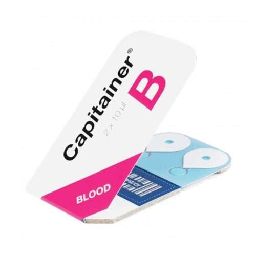 Capitainer B blood microsampling device for precise 10 µL dried blood spot collection.