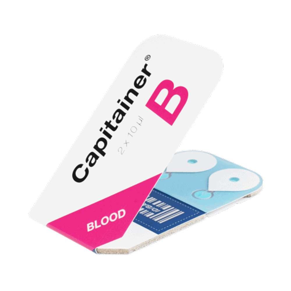 Capitainer B blood microsampling device for precise 10 µL dried blood spot collection.