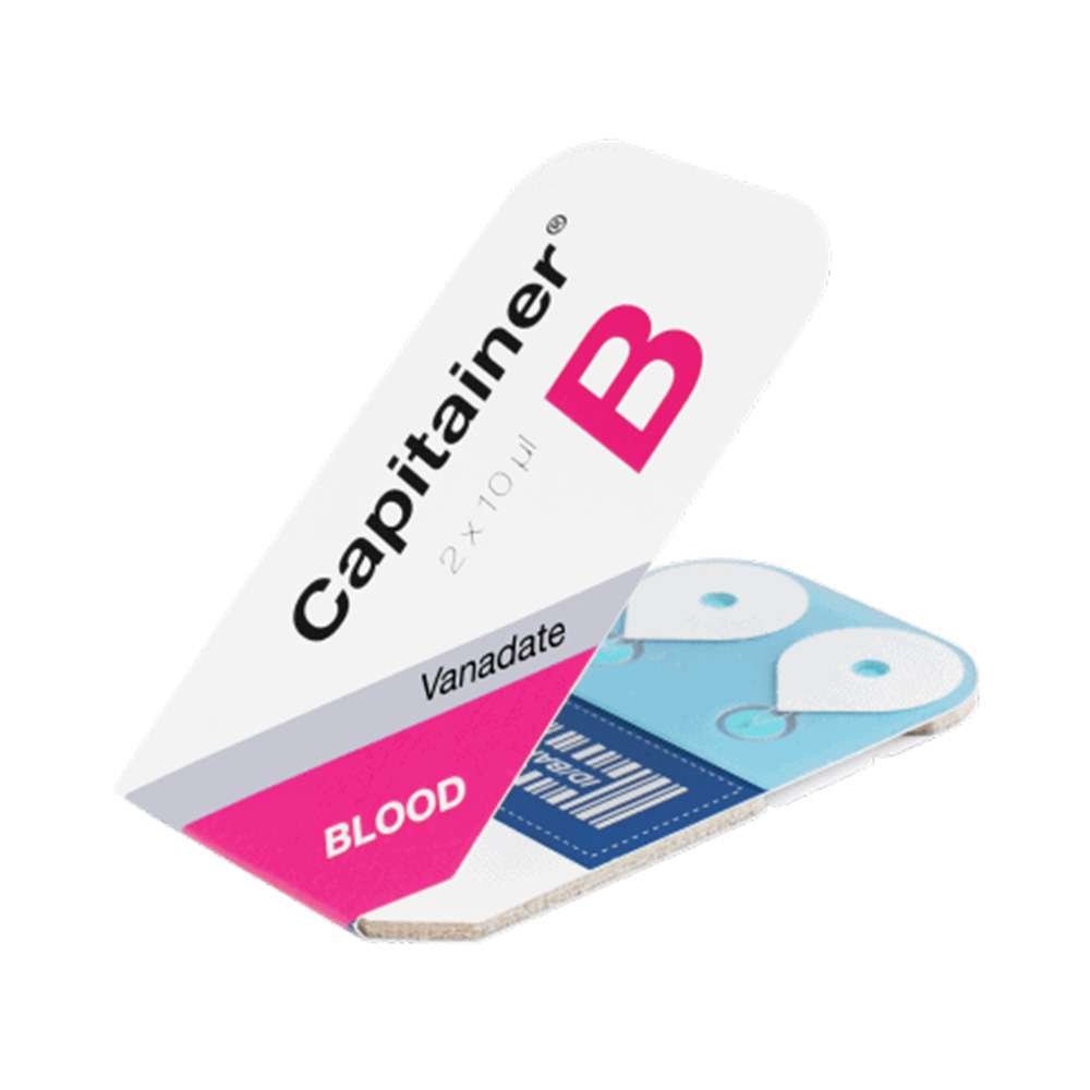 Capitainer B Vanadate blood microsampling device for PEth alcohol biomarker testing in dried blood spots.