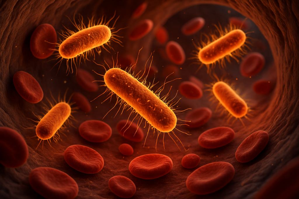 Illustration showing bacteria circulating inside a blood vessel, representing bloodstream infection and sepsis.
